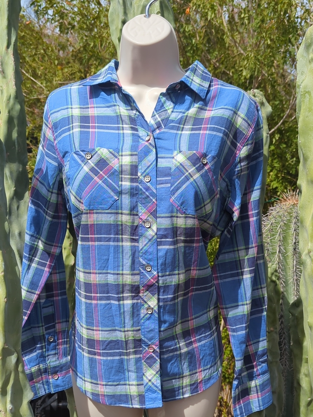 NWT Sandra Ingrish Lightweight Cotton Blue Plaid Button Up Shirt Small